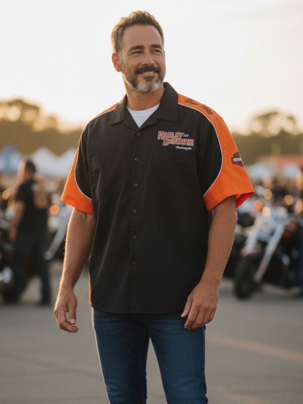 Harley-Davidson Men's Black & Orange Garage Short Sleeve Button-Up Shirt